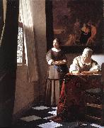 VERMEER VAN DELFT, Jan Lady Writing a Letter with Her Maid ar oil on canvas